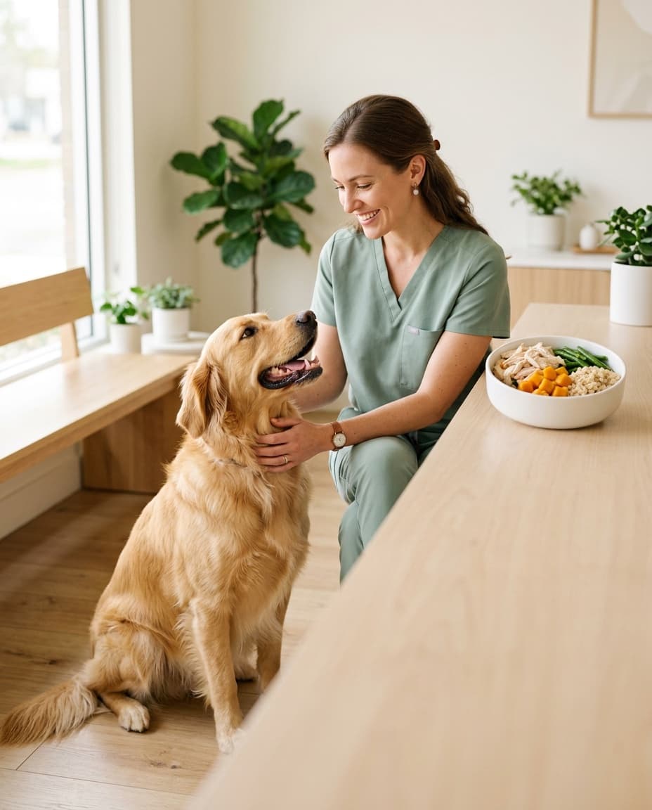 Veterinária sorrindo e acariciando um Golden Retriever ao lado de uma tigela de alimentação natural